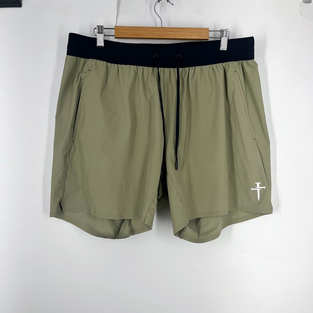 Three Nails Mens XXL Activewear Training Shorts Olive Green Black Drawstring 7in